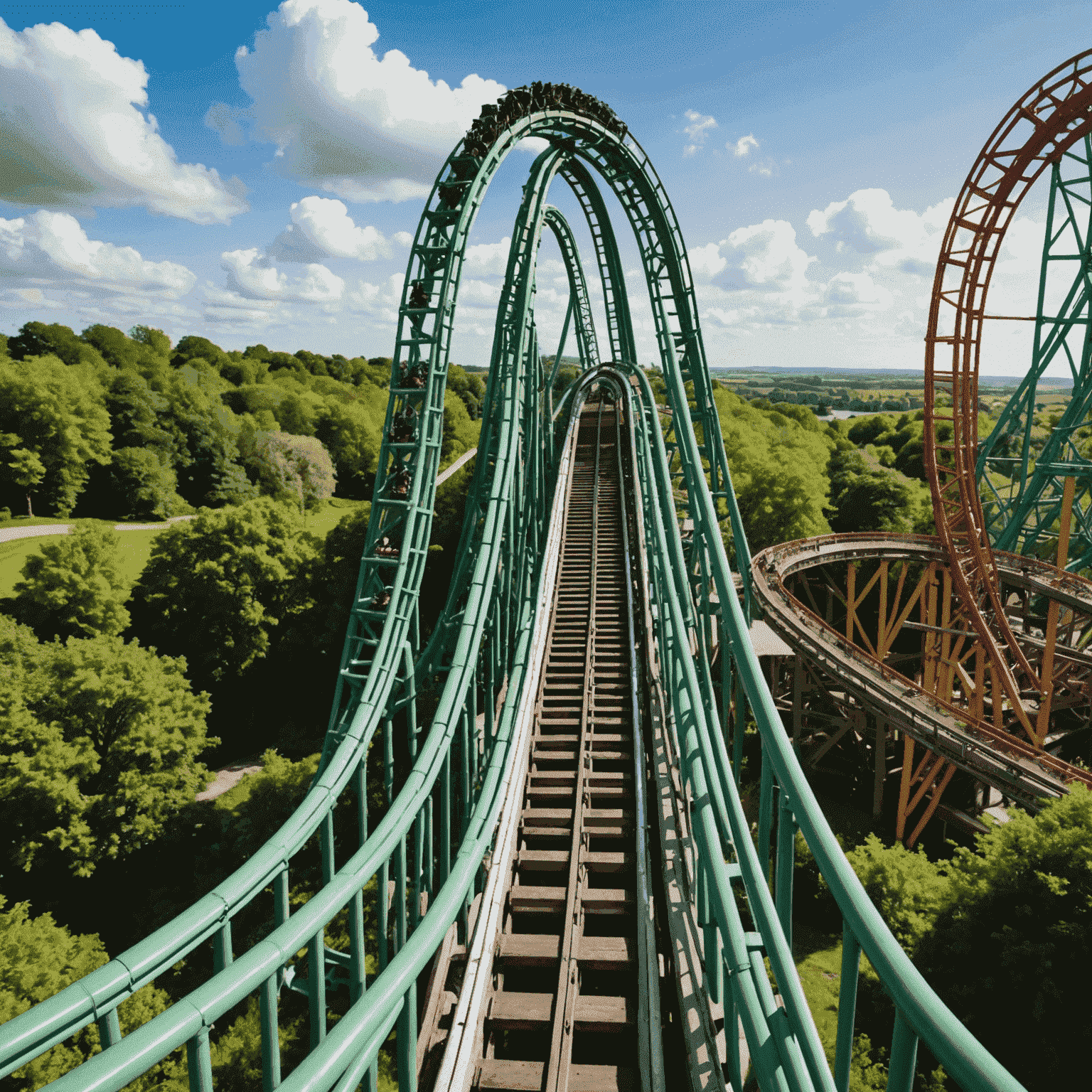 A montage of exhilarating roller coasters and attractions in Irish theme parks, featuring steep drops, loop-the-loops, and excited riders