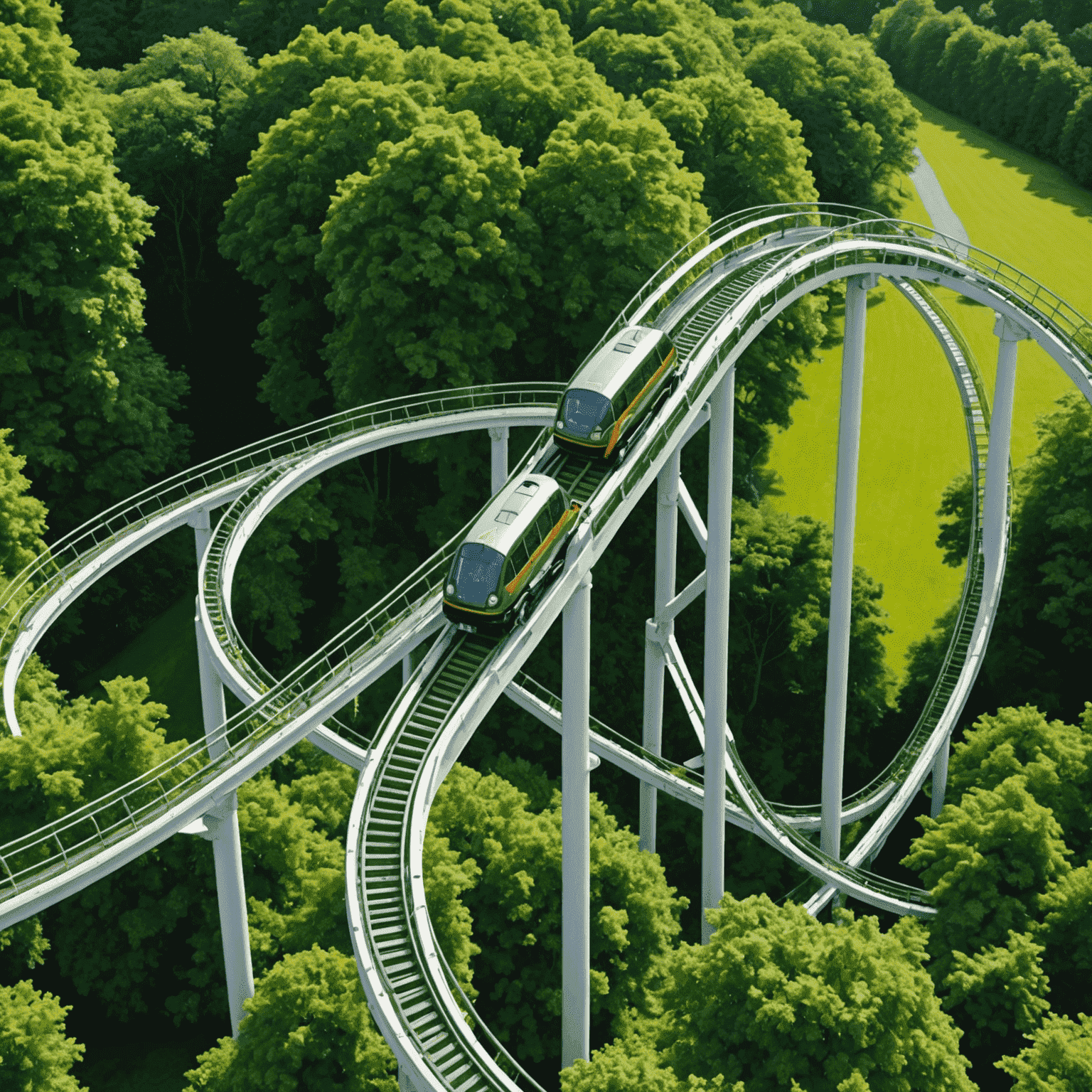 A high-speed roller coaster with loops and twists, set against the backdrop of lush Irish greenery