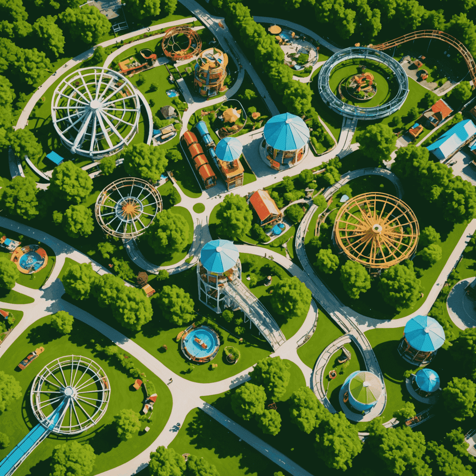 Aerial view of a vibrant Irish theme park with roller coasters, family rides, and lush green surroundings