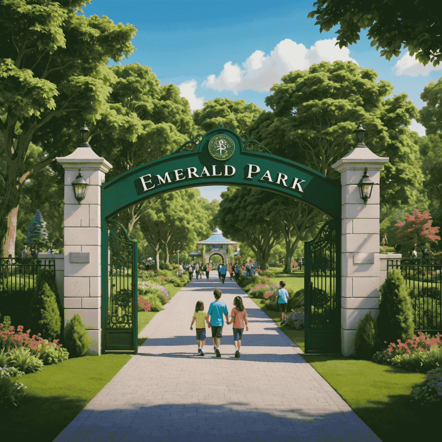 A vibrant image of Emerald Park's entrance with families entering, showcasing the park's lush green surroundings and exciting attractions