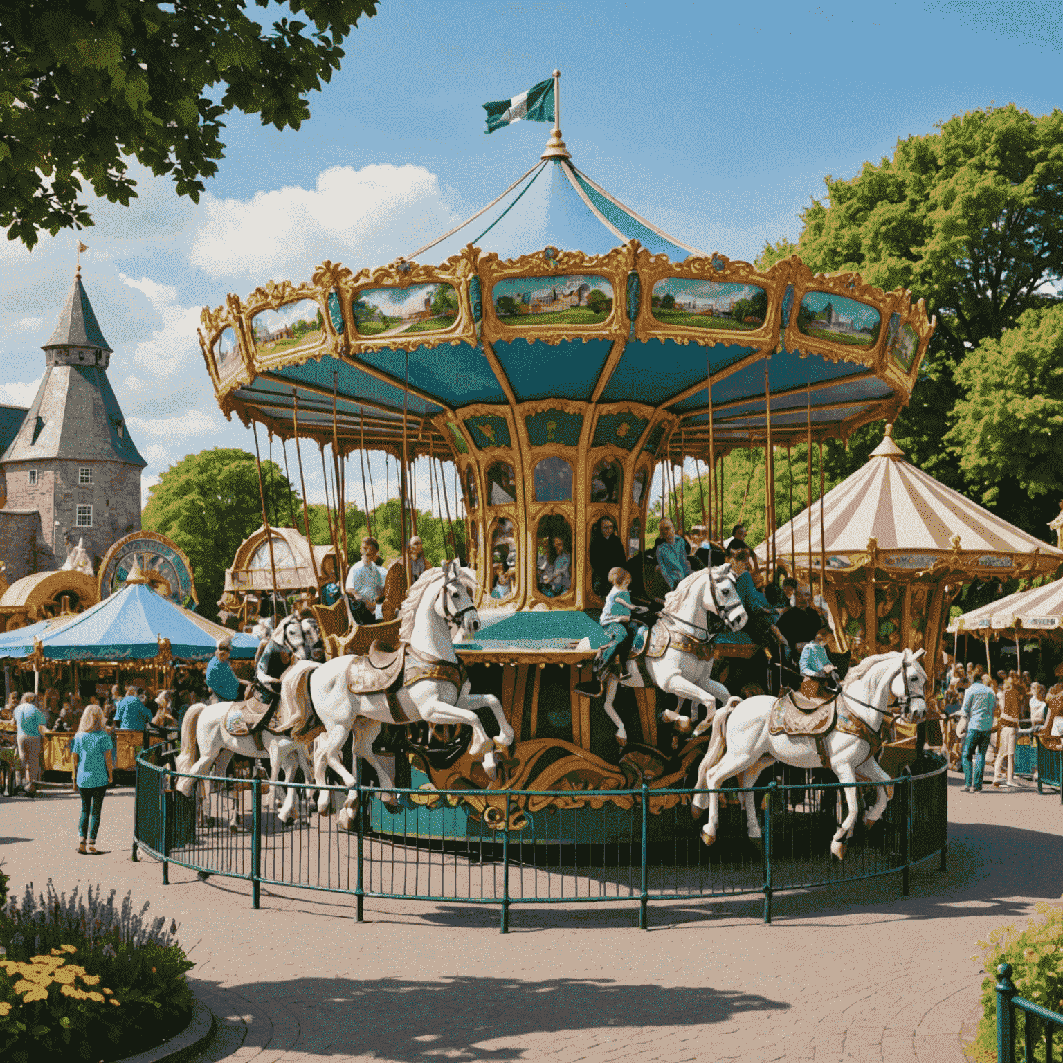 A collage of family-friendly attractions in Irish theme parks, showing carousels, gentle rides, and interactive shows with smiling families