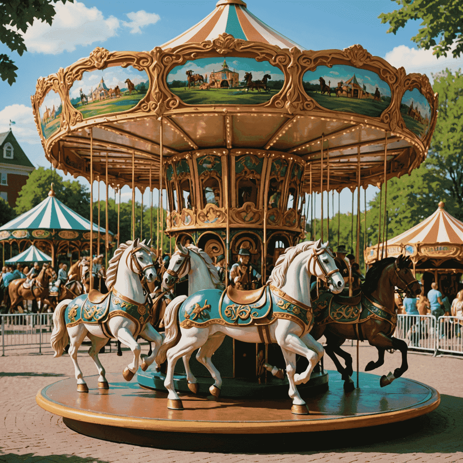 A colorful carousel with Celtic-themed horses and families enjoying various kid-friendly attractions in the background