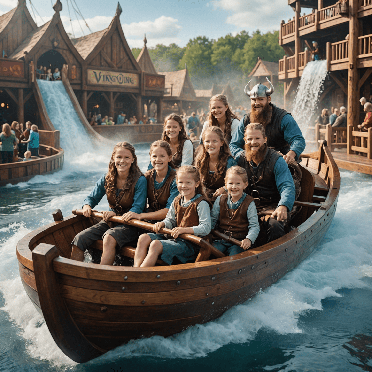 Families enjoying the Viking Voyage water ride, surrounded by Norse-themed decorations and mist