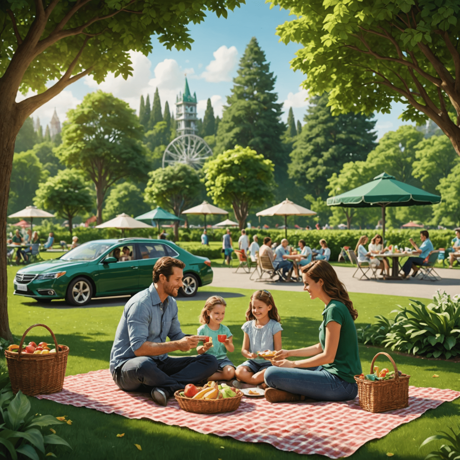 A family enjoying a picnic in a designated area within Emerald Park, surrounded by lush greenery and exciting rides in the background