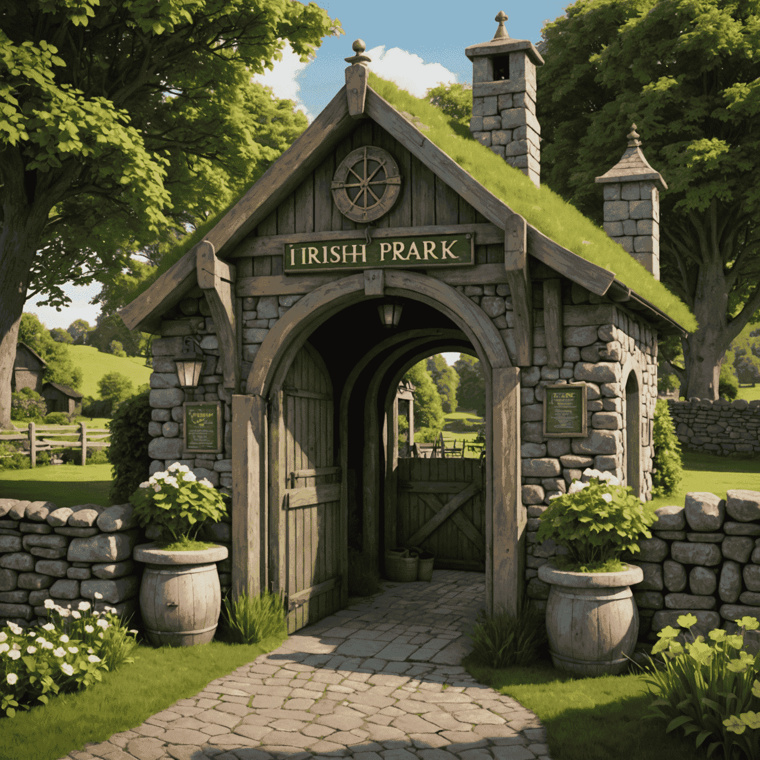 A quaint, rustic entrance to a small Irish theme park nestled in a picturesque countryside setting