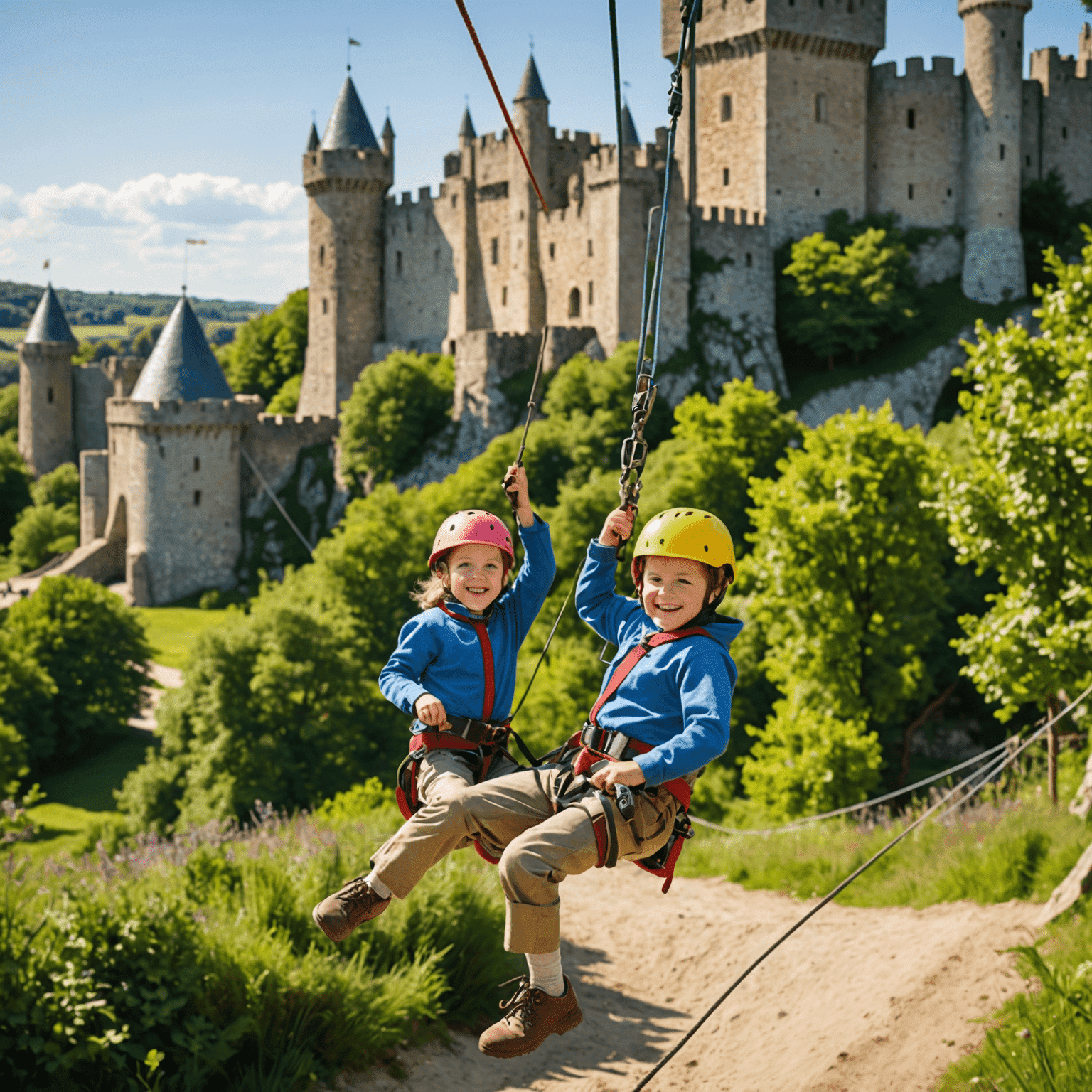 Children zipping down a colorful zip line with a medieval castle backdrop at Fort Lucan