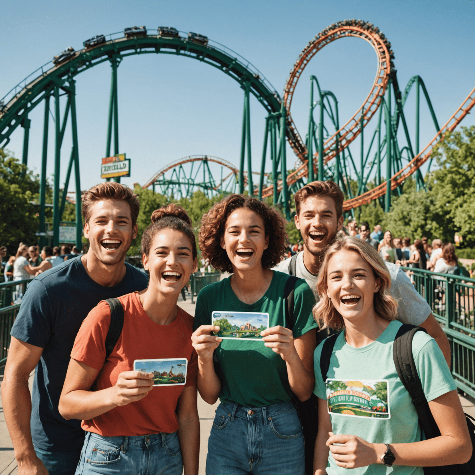 A group of friends showing their season passes at the Emerald Park entrance, with excited expressions and the park's thrilling roller coasters visible in the distance