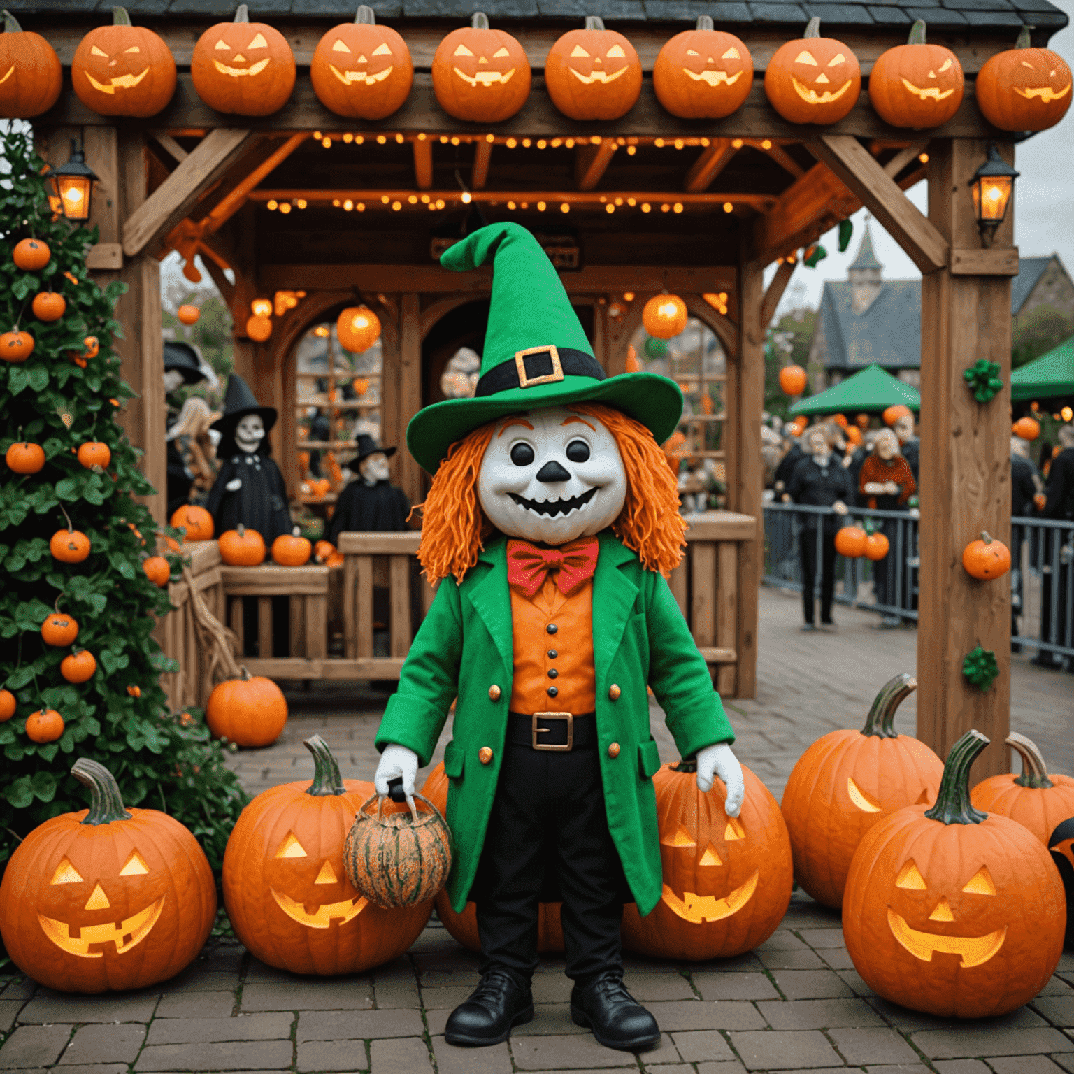 A festive Halloween decoration in an Irish theme park with pumpkins, lights, and costumed characters