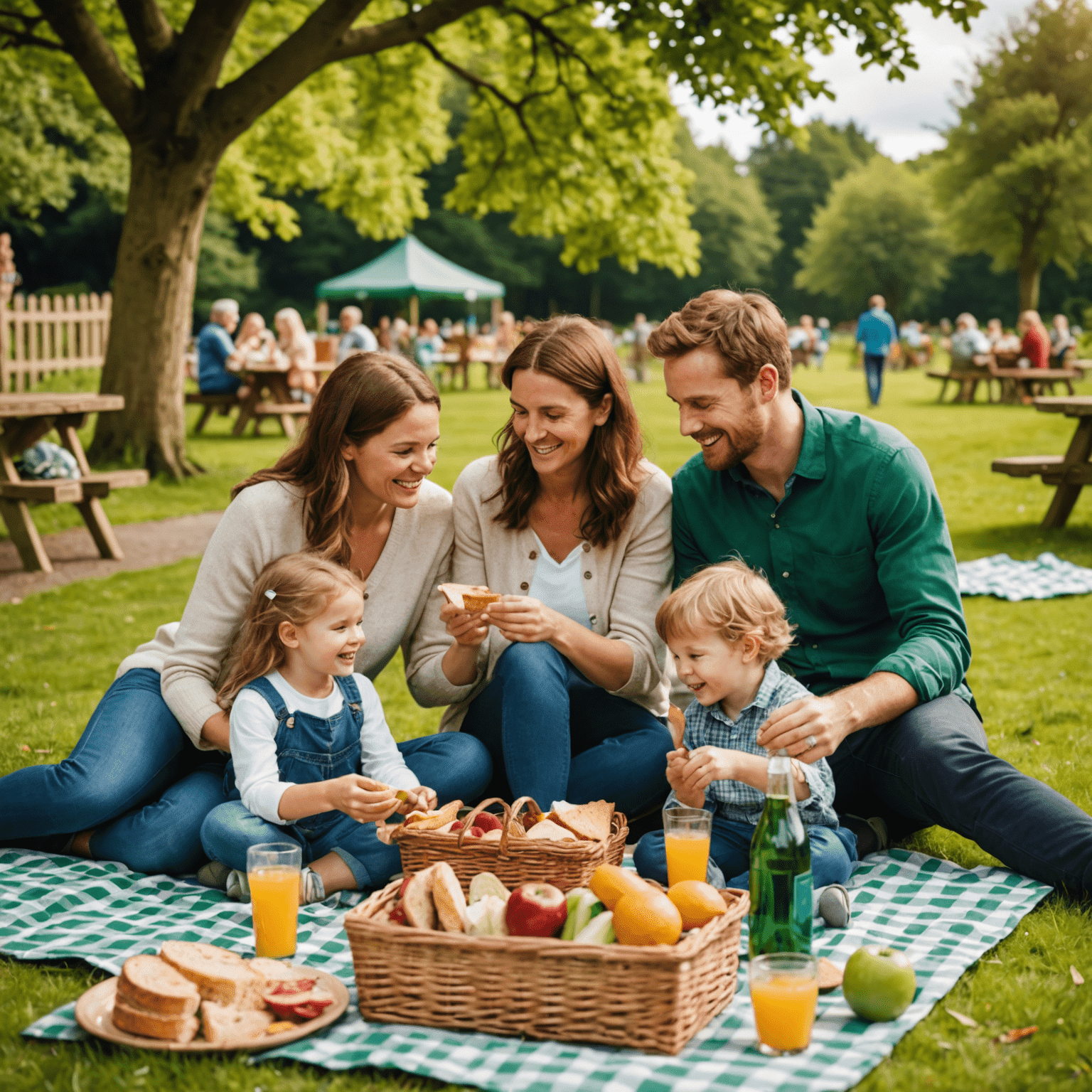 A family enjoying a picnic in an Irish theme park with cost-saving tips overlaid on the image